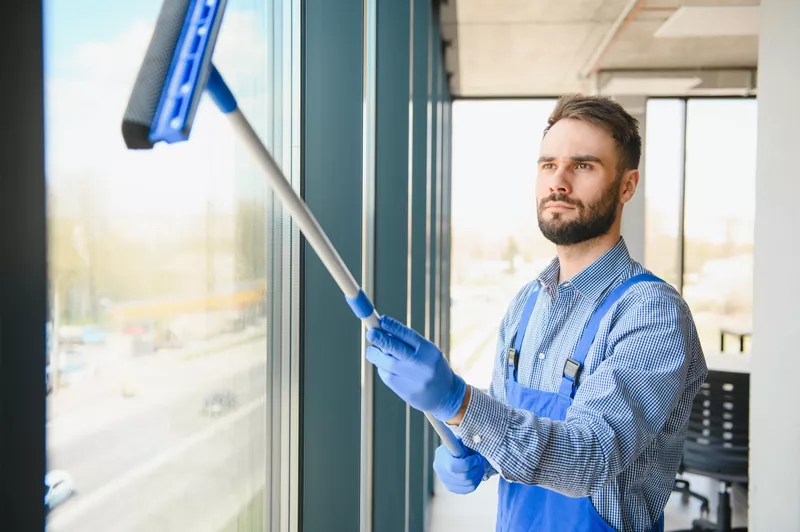 Clean Management Bernd Bürkle: Fensterreinigung in Haushalten und Gewerbe; Bild zeigt einen Fensterputzer beim Reinigen eines Fensters mit einem Wischer